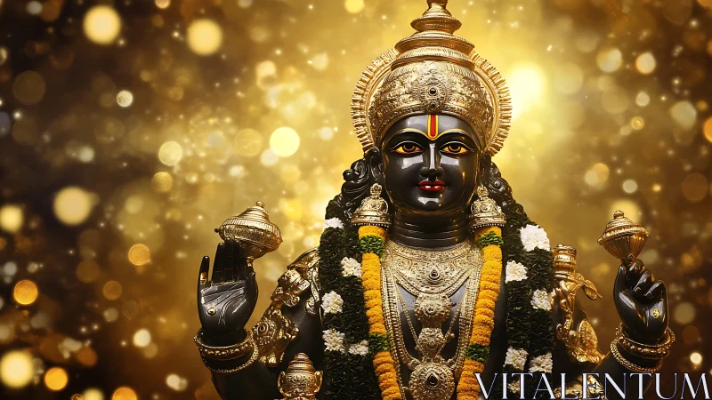 Hindu deity statue with gold ornaments on glowing backdrop.