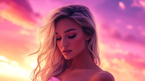 Dreamy blonde portrait under radiant magenta sunset sky.