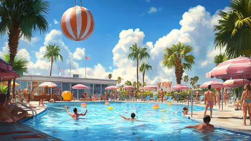 Sunlit retro pool paradise under cotton clouds and candy shades.