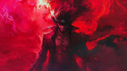 Infernal anime antihero in crimson flame-drenched composition.