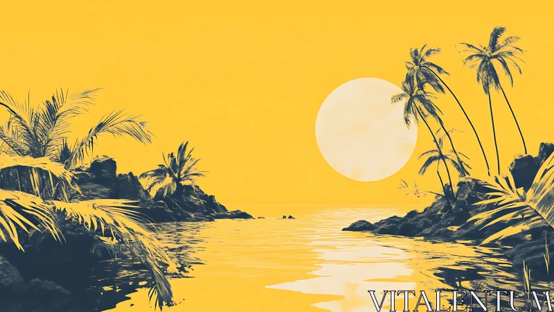 Tropical coastal landscape rendered in monochromatic yellow palette