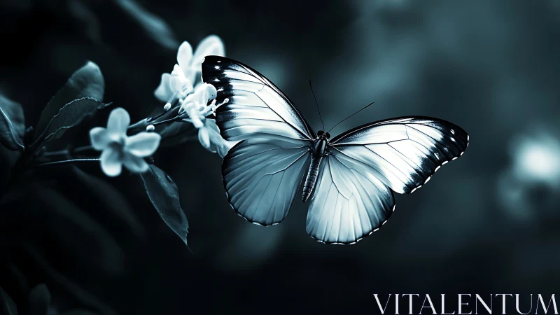 Monochrome butterfly hovers over small blossoms in soft focus