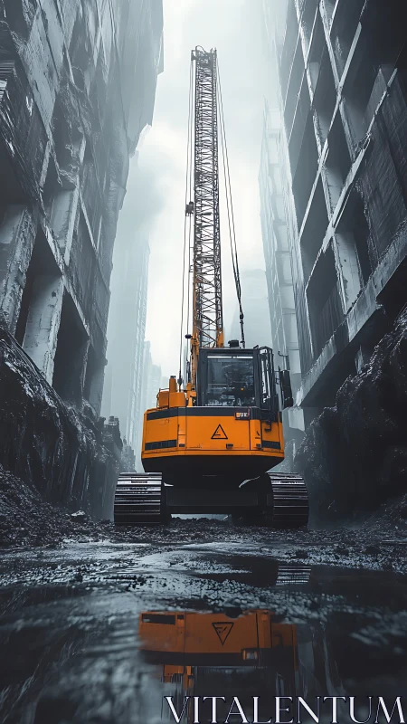 Bold yellow crane rising through misty urban ruins.