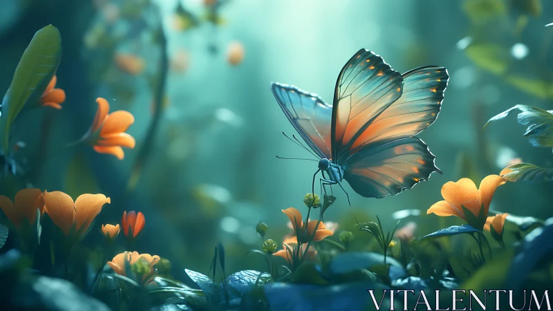 Gentle butterfly pauses among glowing orange forest blooms