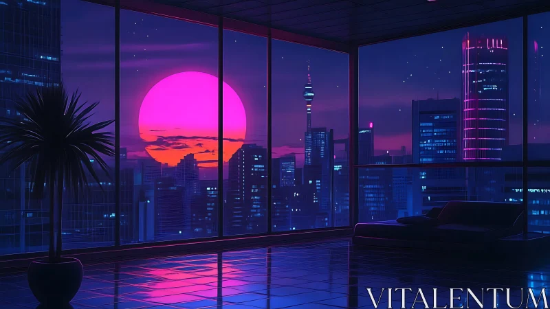 Neon magenta sunset over futuristic city skyline from loft