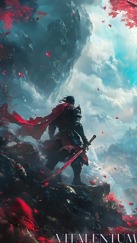 Crimson samurai overlooking stormlit floating mountain.