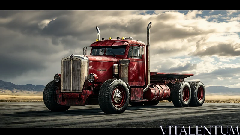 Sunlit red vintage semi truck waiting on open desert road.