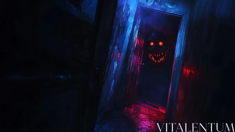 Dark corridor reveals glowing red-eyed figure in doorway
