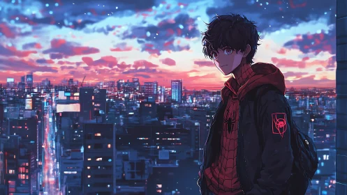 Teen vigilante on neon city rooftop at luminous dusk skyline