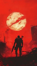 Lone armored soldier confronts a blood-red apocalyptic sun.