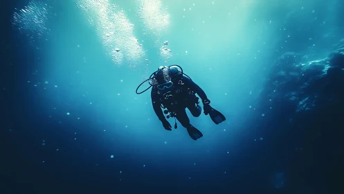 Deep-sea scuba diver silhouetted in cinematic teal waters.