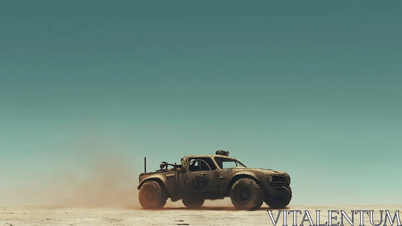 Armored desert truck kicks dust across barren salt flat