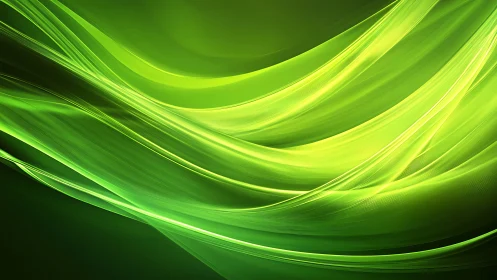Curved neon-green light ribbons form layered flowing wave structures
