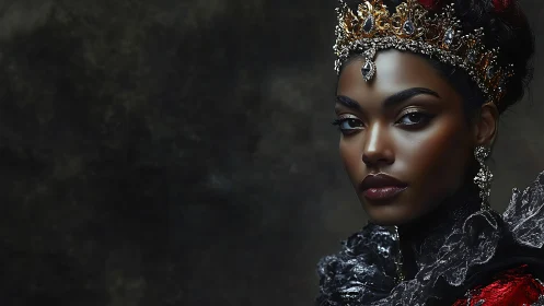 Regal portrait captures jeweled crown, high-contrast chiaroscuro lighting