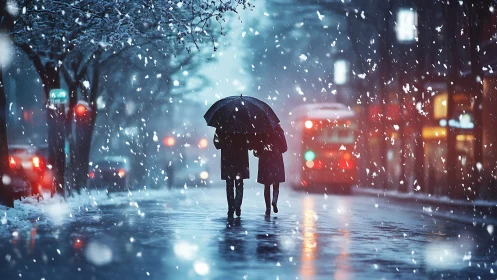 Two Friends Walk Together Through Snowy Urban Evening