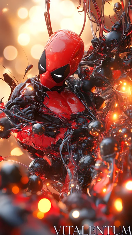 Playful red masked hero tangled in glowing slick chaos.