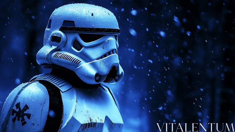 Armored sci-fi soldier in snowy, blue-toned environment.