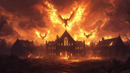 Burning cathedral under fiery phoenix stormy sky scene.