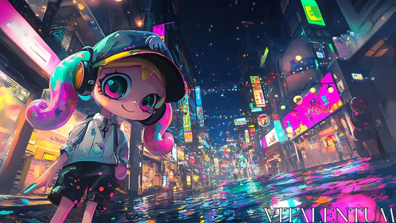Neon drenched city street welcomes a playful pastel hero