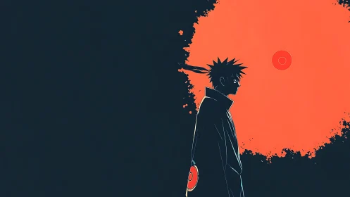 Minimalist anime silhouette against bold circular void field.