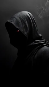 Mysterious hooded shadow with a faintly glowing red gaze.