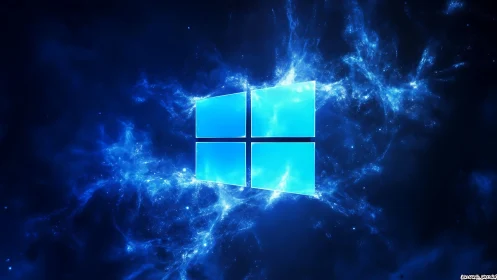 Glowing cyan window logo suspended in deep cosmic nebula