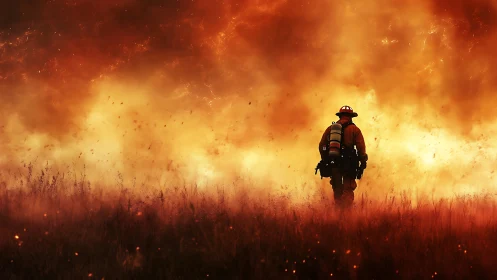 Firefighter silhouette stands in intensive wildfire zone with active flames