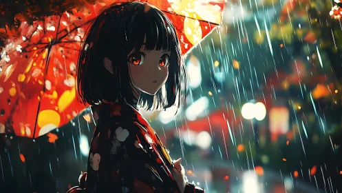 Rain-lit anime girl under red umbrella with bokeh city backdrop