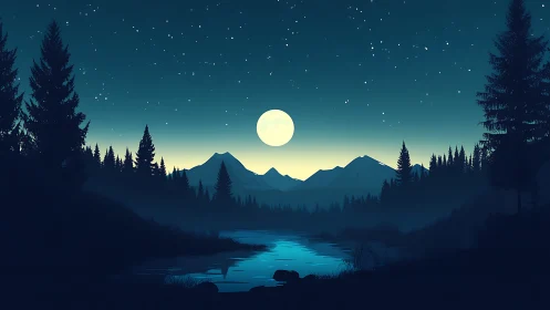 Moonlit river hush beneath star-scattered alpine silence.
