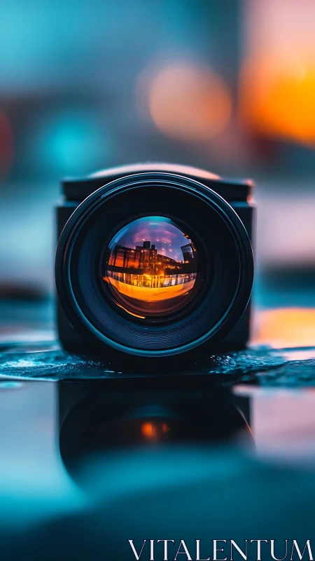 Urban reflections within a close-up camera lens at dusk.