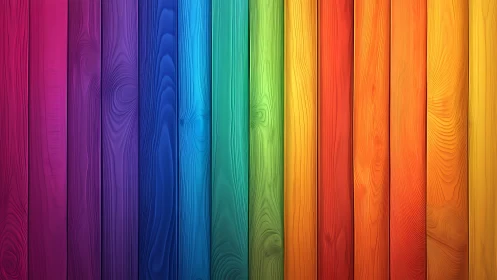 Vertical wooden planks in continuous rainbow color gradient.