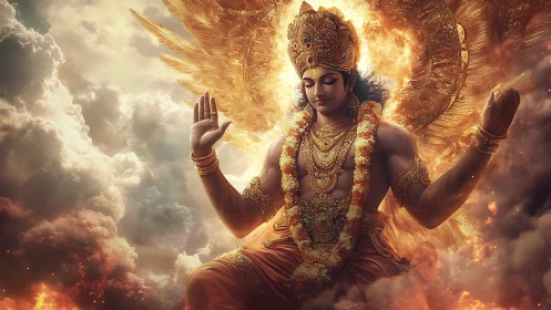 Divine male figure in ornate attire amid fiery cloudscape.