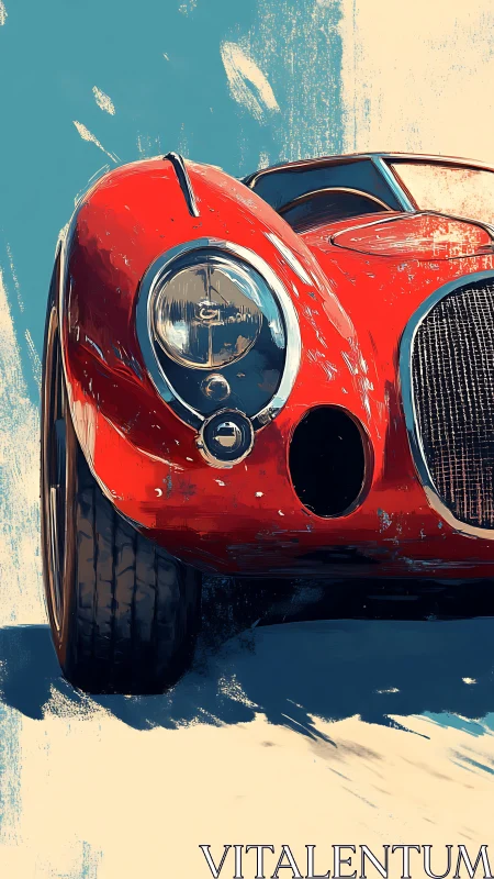 Low-angle rendering of vintage red race car with expressive brushwork