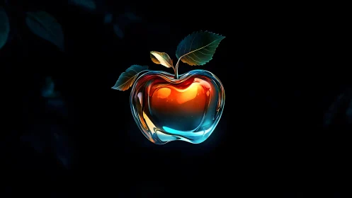 Futuristic glass apple with glowing highlights in digital art style.