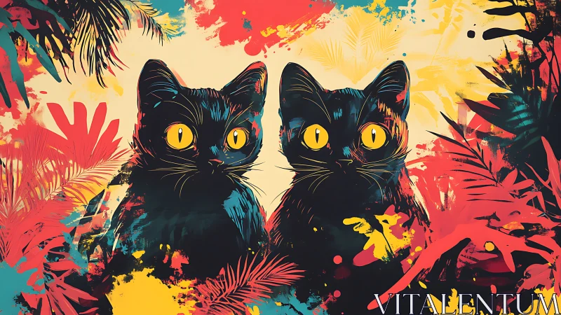 Twin Black Cats with Luminous Eyes in Vibrant Tropical Composition