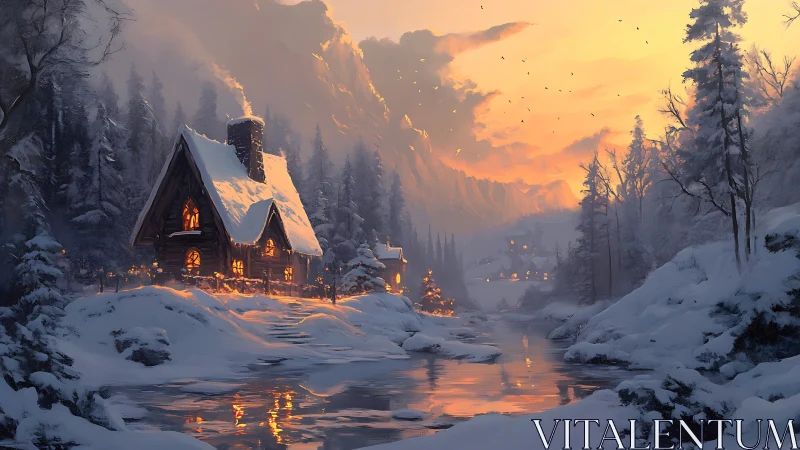 Snowbound riverside cabin under glowing winter sunset.
