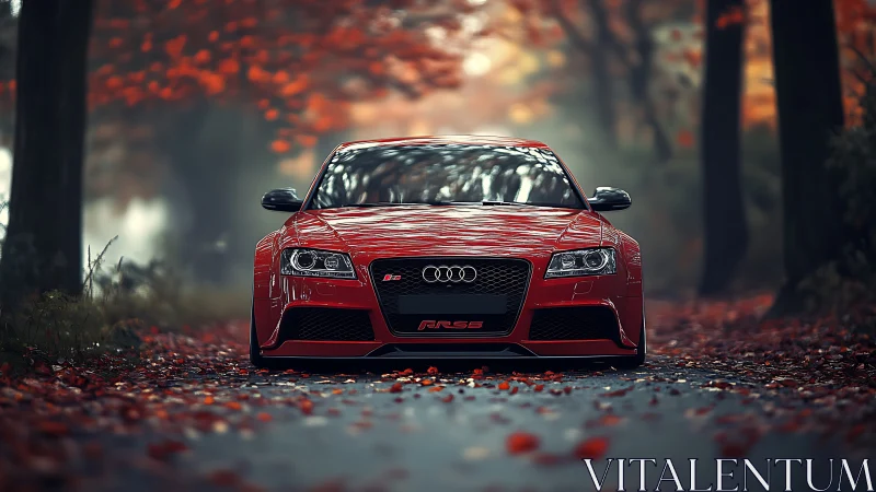 Crimson sports car gliding through a dreamy autumn forest road.