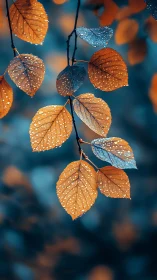 Rain-kissed copper leaves drifting over twilight blue hush.