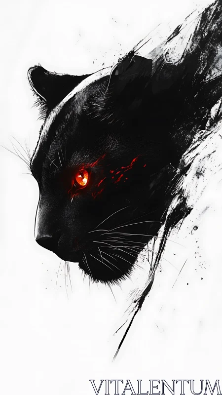 Fire-eyed black panther emerges from stark white void