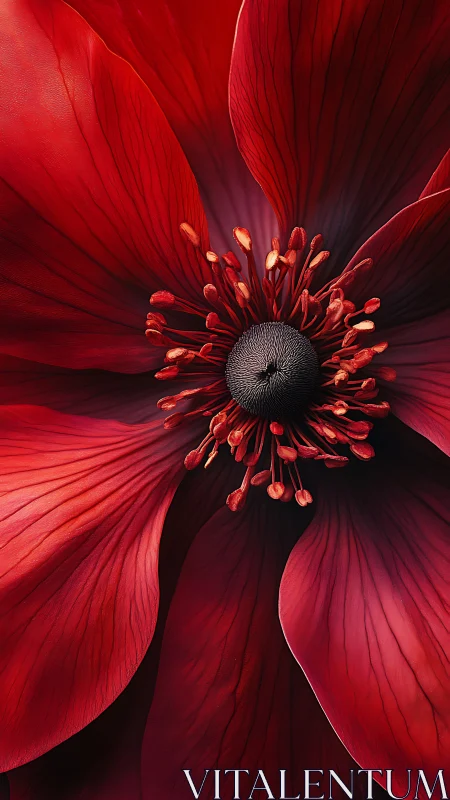 Crimson Blossom Center: Macro Study of Red Flower.