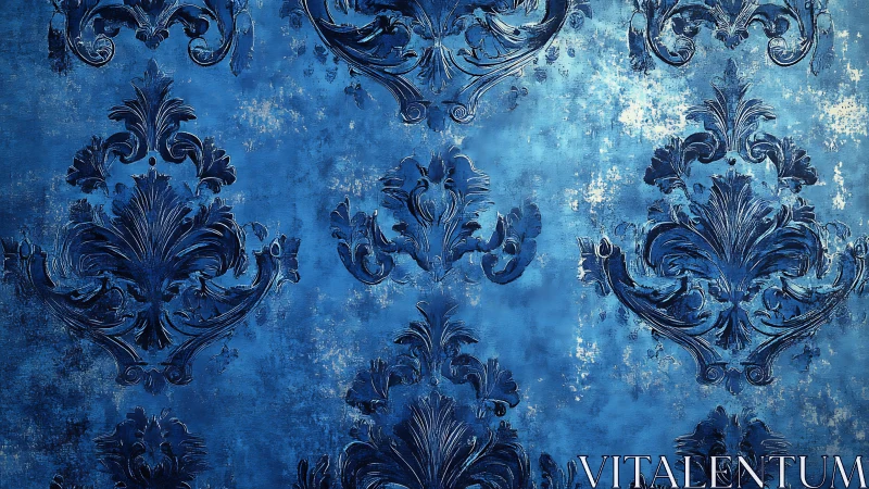 Blue damask pattern overlays distressed textured background