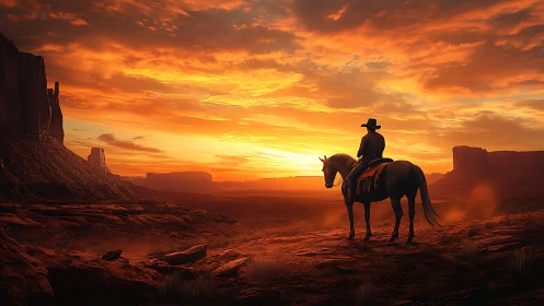 Cowboy silhouette on horseback under blazing desert sunset.