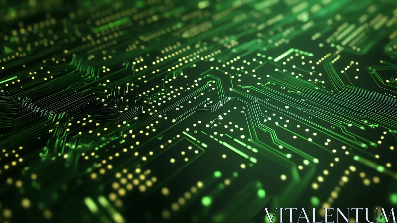 Green circuit board macro glows with luminous data pathways.