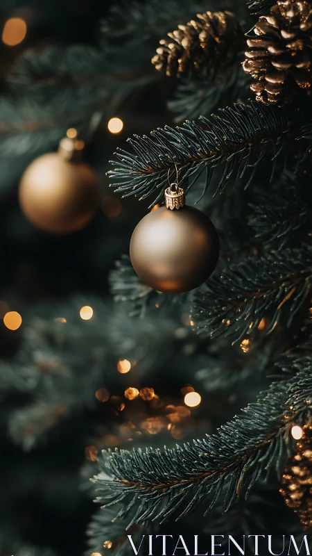 Golden ornaments glow softly on a gently lit Christmas tree