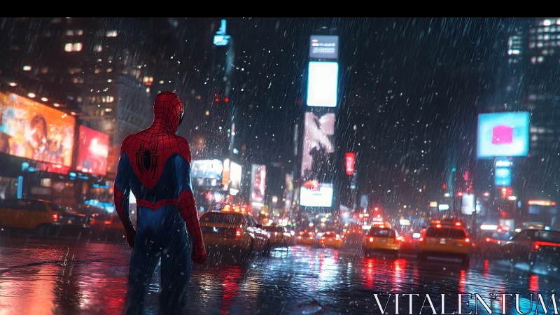 Spider-suited figure stands in rainy neon city street at night