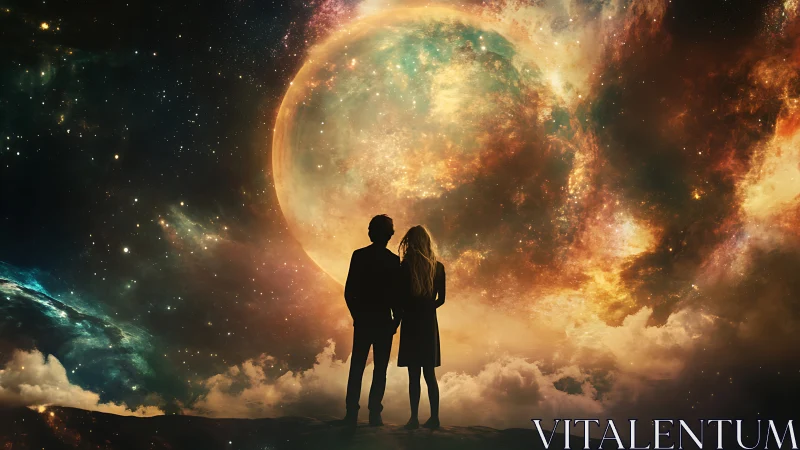 Stargazing lovers before colossal nebula-planet skyscape.