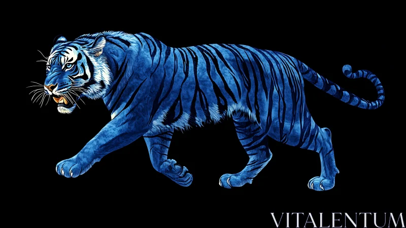Blue tiger illustration on black background in profile stride.