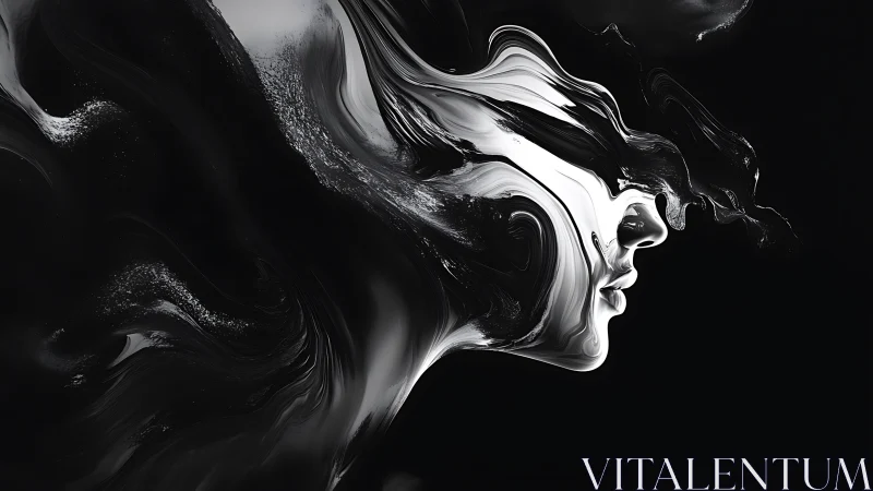 Swirling monochrome face dissolves into fluid abstract motion