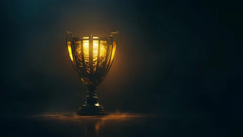 Golden trophy cup with internal light on dark background.