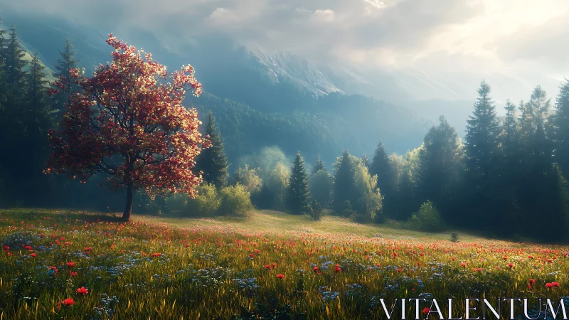 Solitary blossom tree quietly steals the mountain sunrise